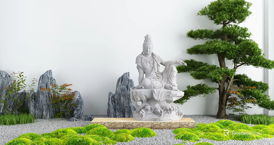 Seated Stone Sculpture Carving with Rockery Pine Tree and Green Plants on Pedestal 3d model 