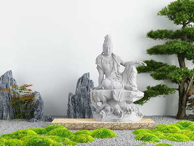 Seated Stone Sculpture Carving with Rockery Pine Tree and Green Plants on Pedestal 3d model
