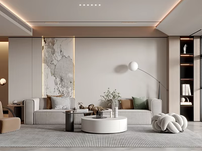 Modern Living Room Interior With Gray Sofa Round Coffee Table Floor Lamp And Decorative Art 3d model