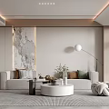 Modern Living Room Interior With Gray Sofa Round Coffee Table Floor Lamp And Decorative Art