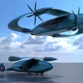 Futuristic Flying Vehicle And Ground Car With Streamlined Blue Design In Sky And Ground