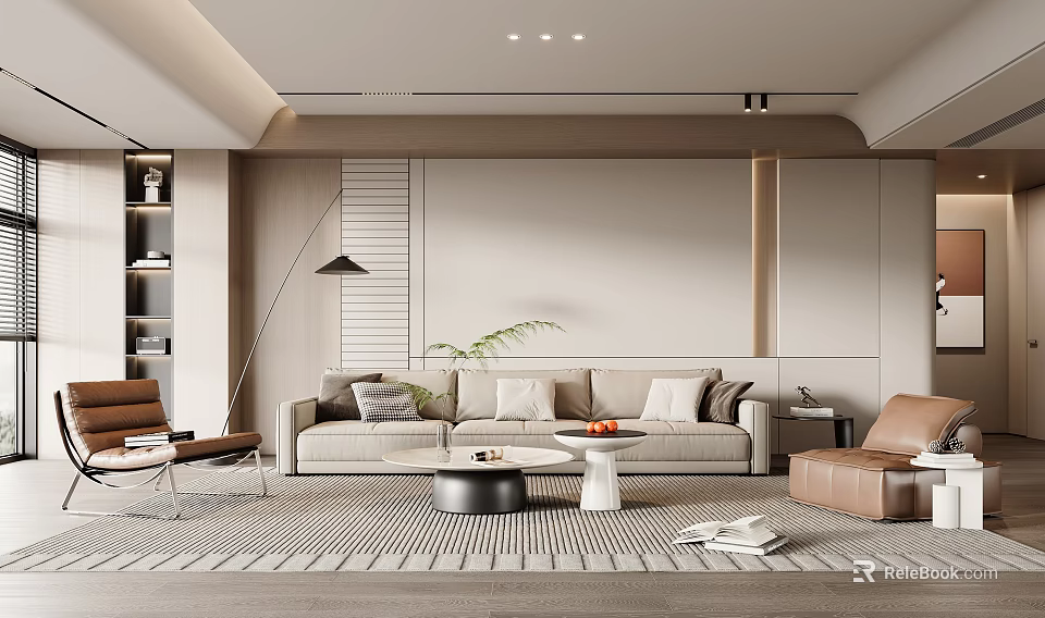 Modern Living Room Interior With Beige Sofa Coffee Table Floor Lamp Bookshelf And Green Plant 3d model 