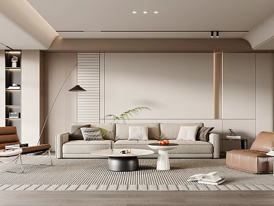 Modern Living Room Interior With Beige Sofa Coffee Table Floor Lamp Bookshelf And Green Plant 3d model