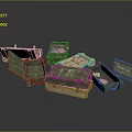 Various Wooden Boxes In Green And Natural Tones With Metal Fittings And Scattered Stack Design