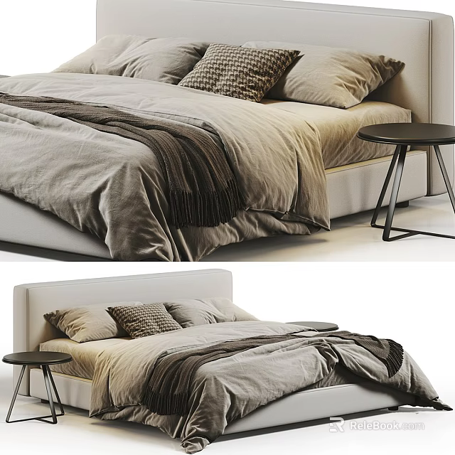 Cozy Bedroom Interior With Neutral Tones Bed Pillows Blanket And Black Side Table 3d model 