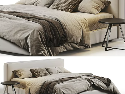 Cozy Bedroom Interior With Neutral Tones Bed Pillows Blanket And Black Side Table 3d model