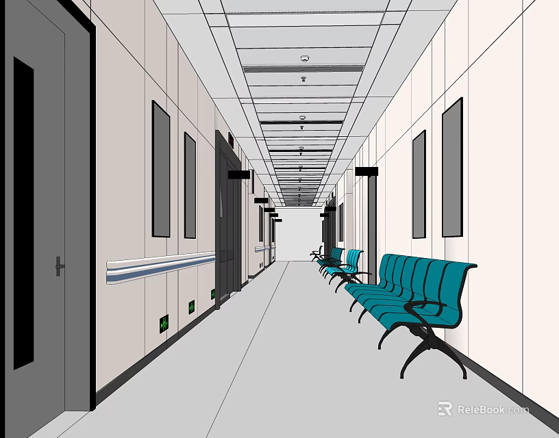 Modern Elevator Hallway With White Walls Blue Seats And Ceiling Lights 3d model