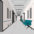 Modern Elevator Hallway With White Walls Blue Seats And Ceiling Lights 3d model