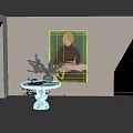 Portrait Painting of Blonde Woman with Green Background and Vase on Marble Table Near Books