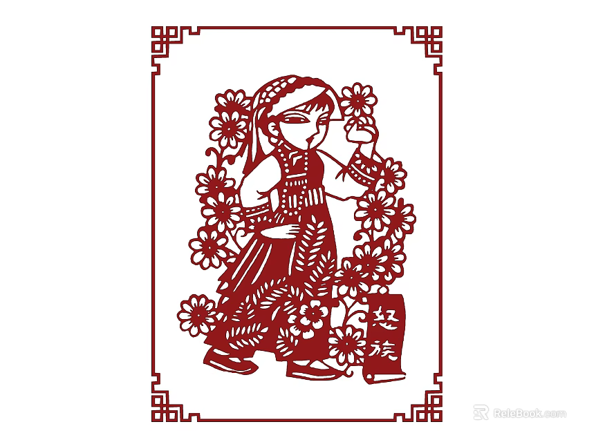 Traditional Chinese Paper Cut Wall Decor With Woman In Traditional Clothing And Floral Border Design 3d model 