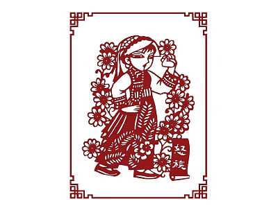 Traditional Chinese Paper Cut Wall Decor With Woman In Traditional Clothing And Floral Border Design 3d model