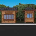 Two Wooden Kiosks With Dark Tile Roofs Near Green Trees And Water