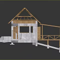 Traditional Architecture With Exposed Wooden Trusses Sloped Roof White Stone Base And Extended Terrace