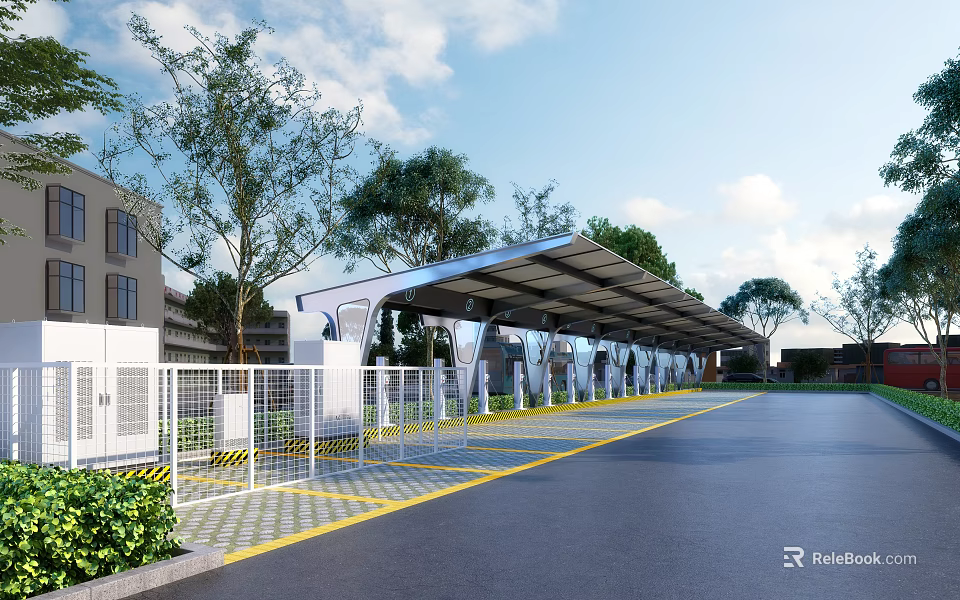 Electric Vehicle Charging Station Featuring Covered Canopy Multiple Piles Green Trees And Asphalt Road 3d model 