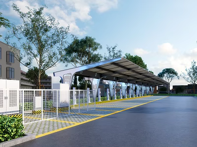 Electric Vehicle Charging Station Featuring Covered Canopy Multiple Piles Green Trees And Asphalt Road 3d model