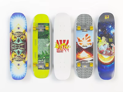 Colorful Skateboard Decks With Unique Graphic Designs And Artwork Patterns 3d model