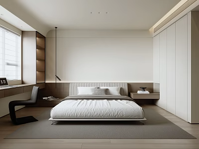 Modern Bedroom Interior Design With Bed Wardrobe Desk Chair And Natural Light 3d model