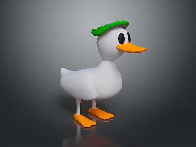 Cute Cartoon Duck Character Wearing Green Hat With Orange Beak And Feet On Dark Background 3d model