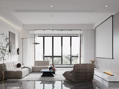 Modern Living and Dining Room Interior With Sofa Armchair And Large Windows For Natural Light 3d model