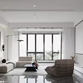 Modern Living and Dining Room Interior With Sofa Armchair And Large Windows For Natural Light