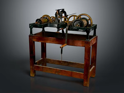 Industrial Mechanical Equipment With Wooden Base Metal Gears And Lever Mechanism 3d model