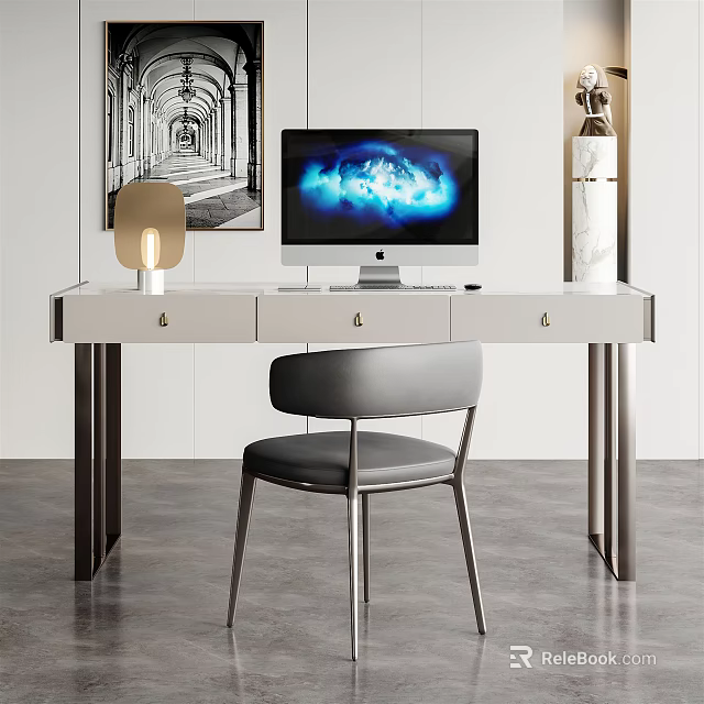 Modern Home Office Desk With Gray Chair Apple Monitor And Table Lamp 3d model 
