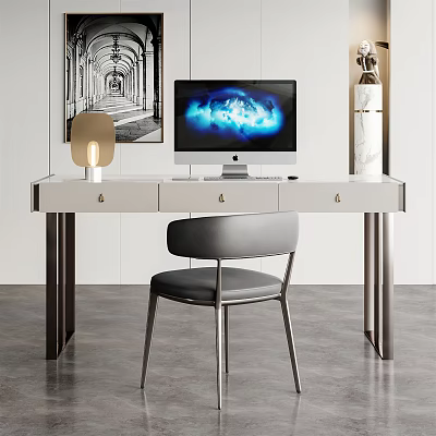 Modern Home Office Desk With Gray Chair Apple Monitor And Table Lamp 3d model