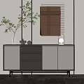 Modern Sideboard in Neutral Tones with Drawers Cabinets Green Plant in Vase and Mirror