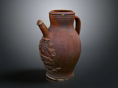 Vintage Brown Earthenware Jug With Carved Decorations Handle And Spout 3d model