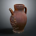 Vintage Brown Earthenware Jug With Carved Decorations Handle And Spout
