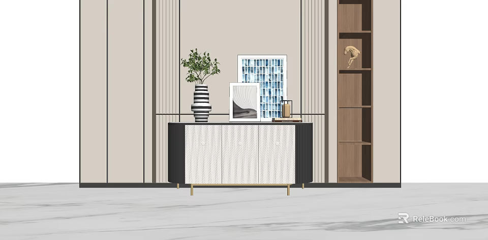 Modern Console And Side Cabinet With Decorative Plants Picture Frames And Textured Design 3d model