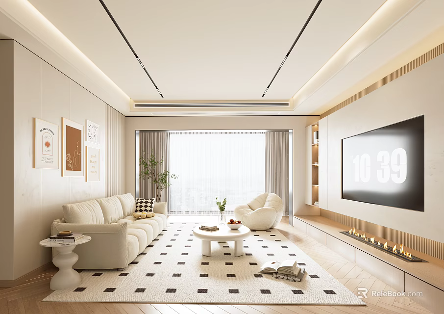 Modern Living Room Interior With Beige Sofa Black White Checkered Rug TV Wall And Potted Plant 3d model 