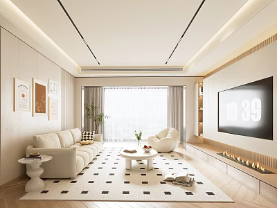 Modern Living Room Interior With Beige Sofa Black White Checkered Rug TV Wall And Potted Plant 3d model