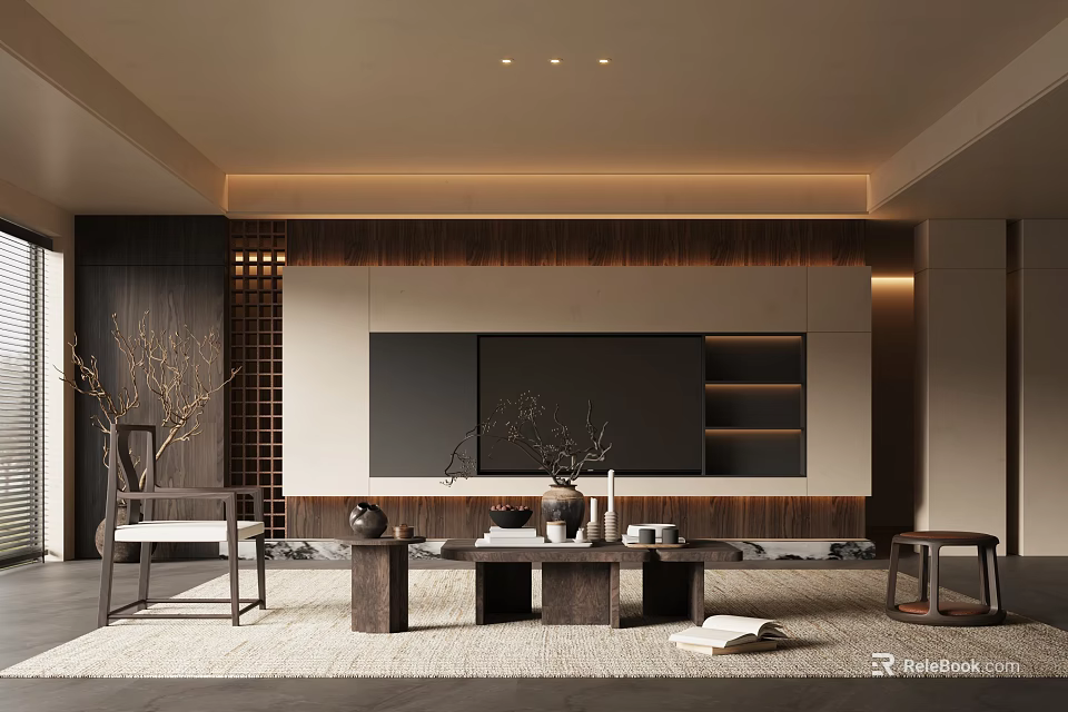 Modern Chinese Style Living Room Interior With Wooden TV Wall Coffee Table And Vases 3d model 