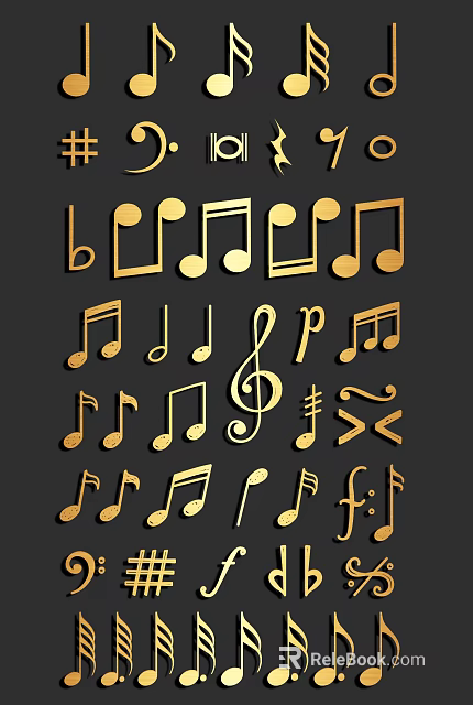 Various Golden Musical Notes and Symbols on Black Background Design Elements 3d model