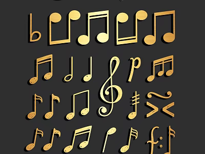 Various Golden Musical Notes and Symbols on Black Background Design Elements 3d model