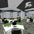 Spacious Public Office Space With Workstations Green Partitions Pendant Lights And Patterned Carpet 3d model
