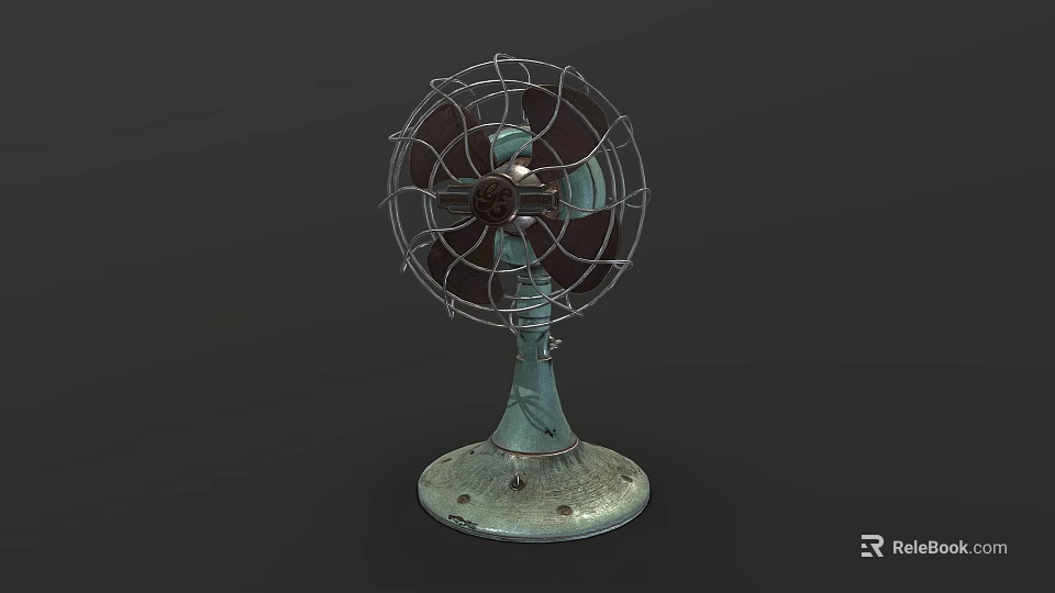 Vintage Electric Fan with Metal Cage Worn Green Base and Retro Design 3d model 