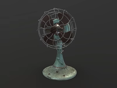 Vintage Electric Fan with Metal Cage Worn Green Base and Retro Design 3d model