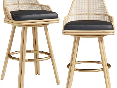 Stylish Rattan Backrest Bar Stools With Black Cushion Wooden Legs And Circular Footrest 3d model