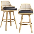 Stylish Rattan Backrest Bar Stools With Black Cushion Wooden Legs And Circular Footrest