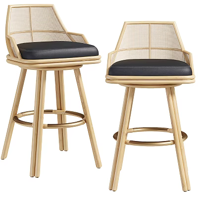 Stylish Rattan Backrest Bar Stools With Black Cushion Wooden Legs And Circular Footrest 3d model