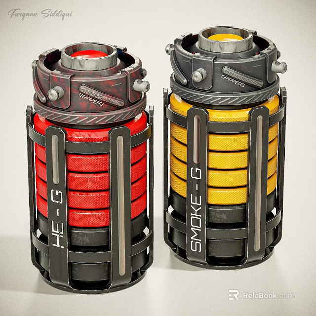 Tactical Hand Grenades With Red HE G And Yellow Smoke G Design 3d model 