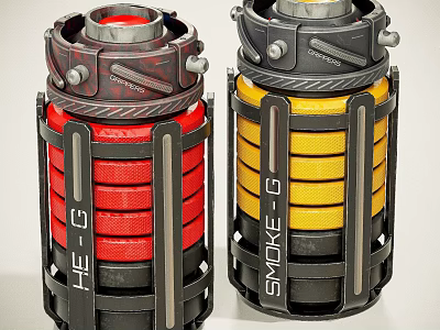 Tactical Hand Grenades With Red HE G And Yellow Smoke G Design 3d model
