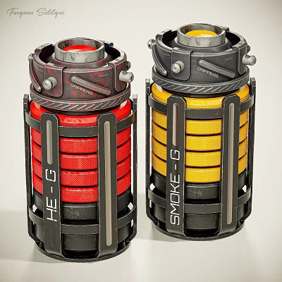 Tactical Hand Grenades With Red HE G And Yellow Smoke G Design 3d model