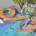Kids Playground With Colorful Flooring Curved Slides Circular Structures And Trees