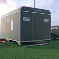 Green Trailer With Open Door Parked Near 4x4 Vehicle Folding Table Red Chairs On Grass