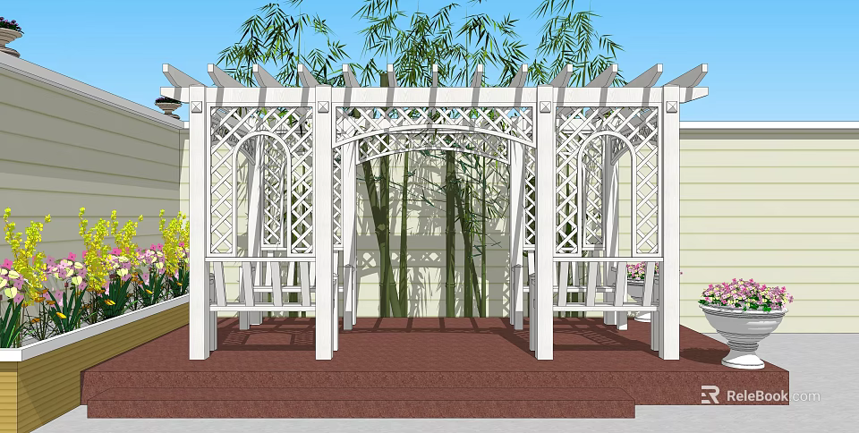 White Garden Pergola With Lattice Design Wooden Benches Red Brick Flooring And Bamboo Plants 3d model 