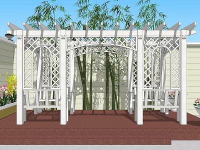 White Garden Pergola With Lattice Design Wooden Benches Red Brick Flooring And Bamboo Plants 3d model