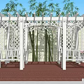 White Garden Pergola With Lattice Design Wooden Benches Red Brick Flooring And Bamboo Plants